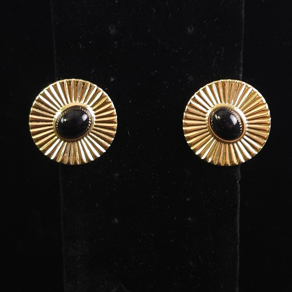 Black Beaded Round Gold‎ Tone Textured Metal Clip On Earrings Vintage